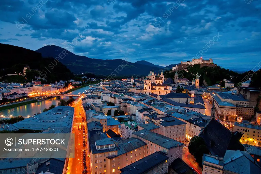 Austria, Europe, Salzburg, fortress, Hohensalzburg, castle, Old Town, town, city, panorama, evening, night, night shot, blue hour, Salzach