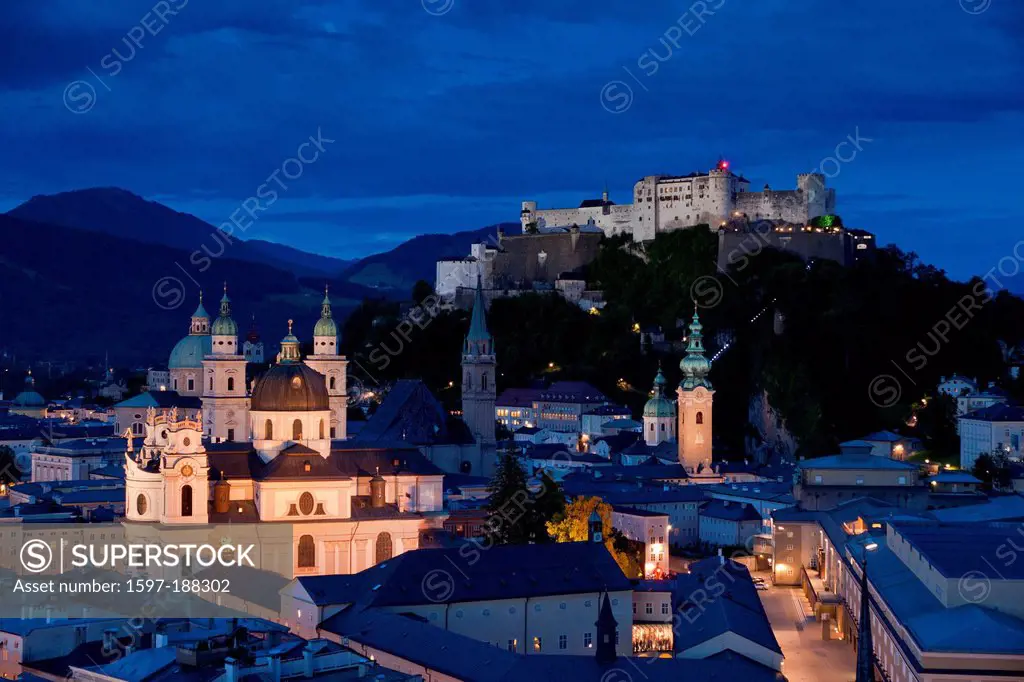 Austria, Europe, Salzburg, fortress, Hohensalzburg, castle, Old Town, town, city, panorama, evening, night, night shot, blue hour, Salzach