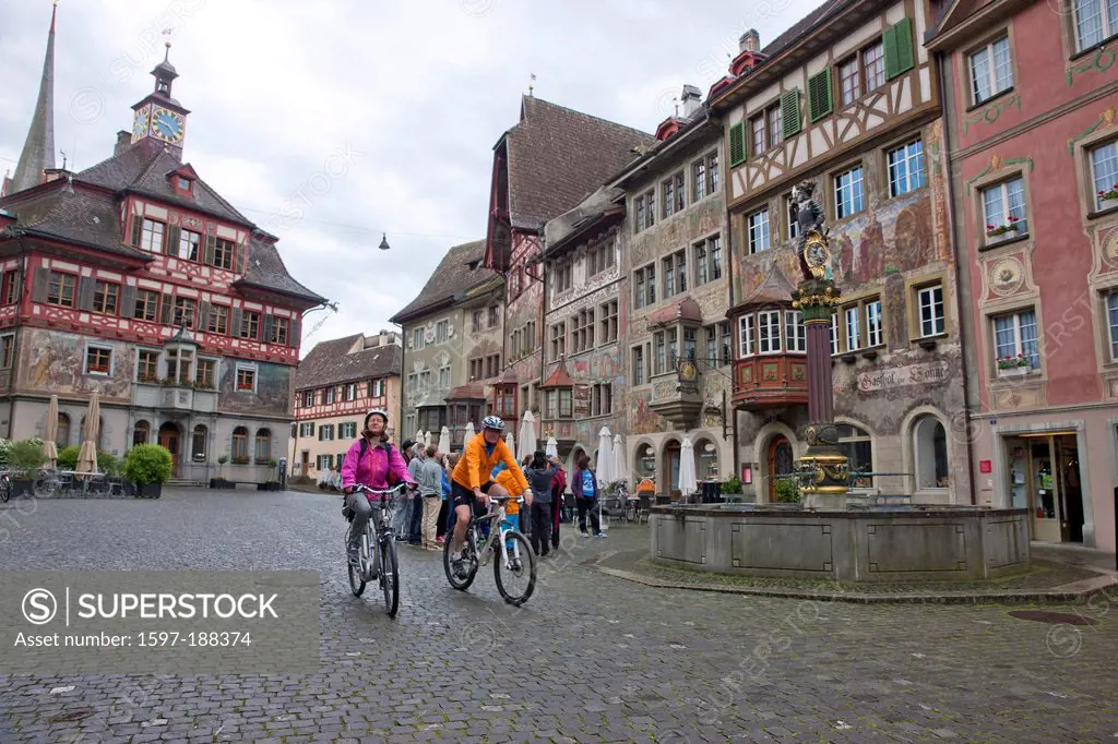 Switzerland, Europe, cyclist, Stein am Rhein, wheel, bicycle, bicycle, bicycles, bike, riding a bicycle, Old Town, couple, seniors, eBike, man, woman,...