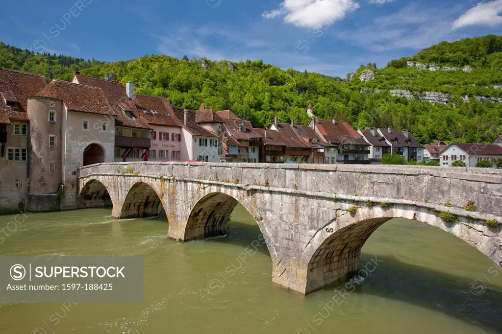 Switzerland, Europe, canton, JU, Saint Ursanne, Doubs, Jura, river, flow, brook, body of water, waters, water, town, city, bridge,
