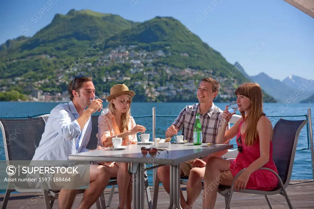 Switzerland, Europe, Paradiso, group, woman, man, couple, couples, lake Lugano, Monte Bre, lake, canton, TI, Ticino, Southern Switzerland, restaurant,...