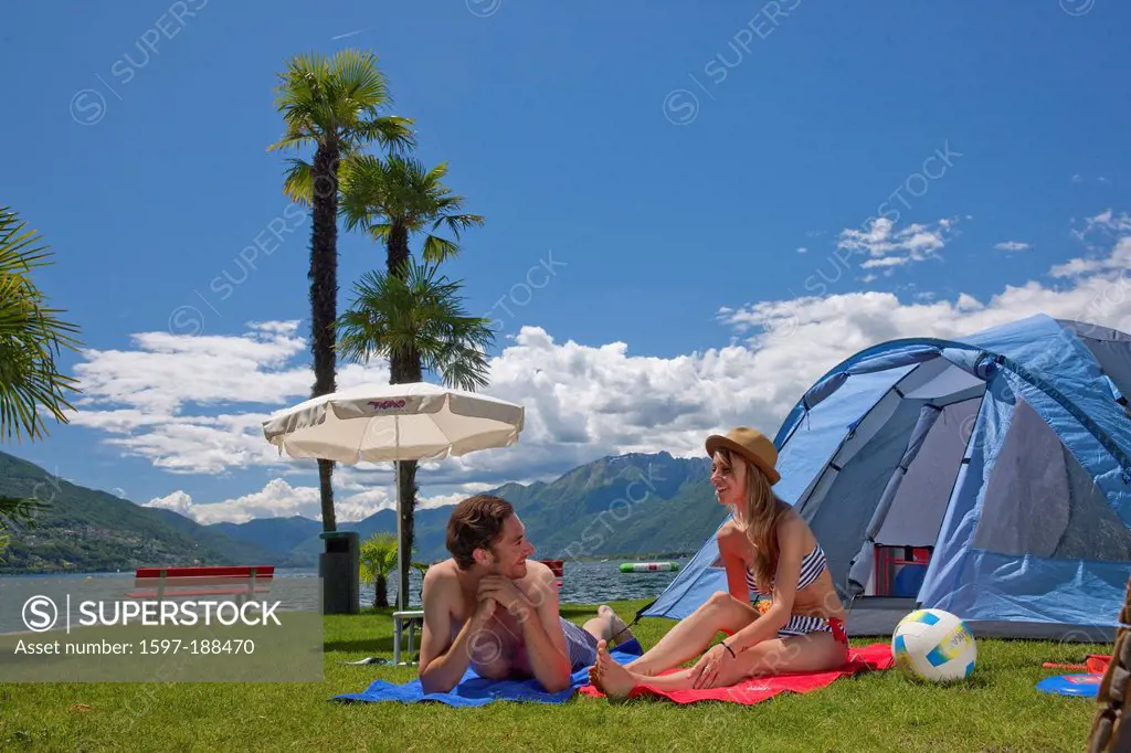 Switzerland, Europe, rest, repose, break, lake, canton, TI, Ticino, Southern Switzerland, camping, tent, tents, Campo Felice, Tenero, couple, man, wom...