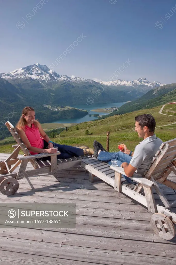 Switzerland, Europe, mountain, mountains, canton, GR, Graubünden, Grisons, Engadin, Engadine, Upper Engadine, couple, couples, deck chair, Corviglia