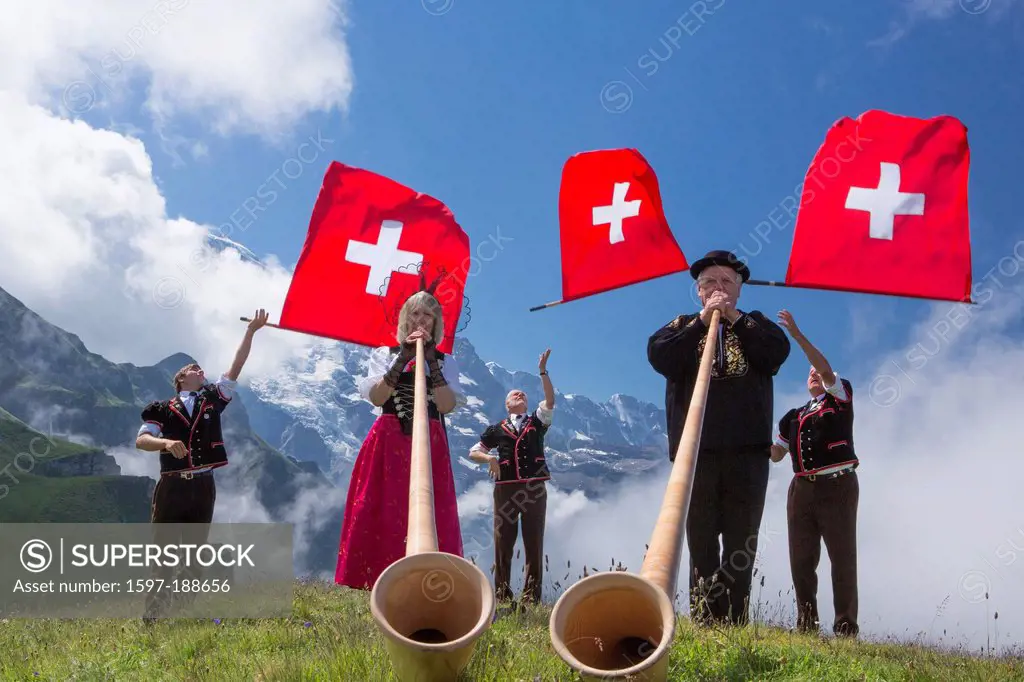 Switzerland, Europe, alphorn, flag throwing, flag swing, tradition, folklore, national costumes, national costume party, event, canton, Bern, Bernese ...