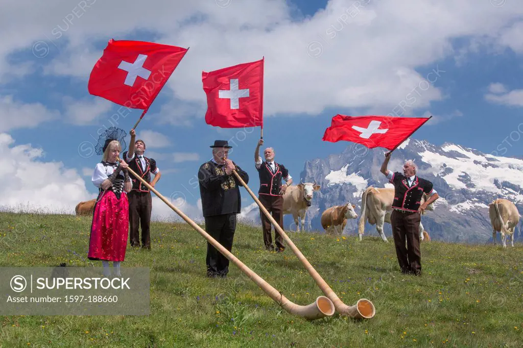 Switzerland, Europe, alphorn, flag throwing, flag swing, tradition, folklore, national costumes, national costume party, event, canton, Bern, Bernese ...