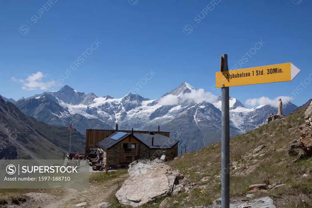 Switzerland, Europe, mountain, mountains, canton, Valais, hut, mountain house, alp hut, Täschhütte, SAC, Weisshorn footpath, trail, hiking path, signp...