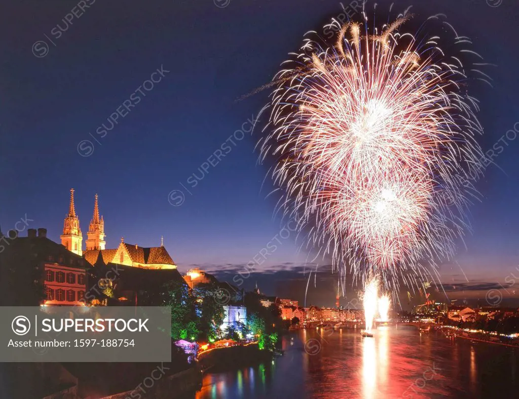 Switzerland, Europe, bridge, fire, river, flow, body of water, waters, water, 1. of August, fireworks, Rhine, canton, BS, Basel town, Basel, town, cit...