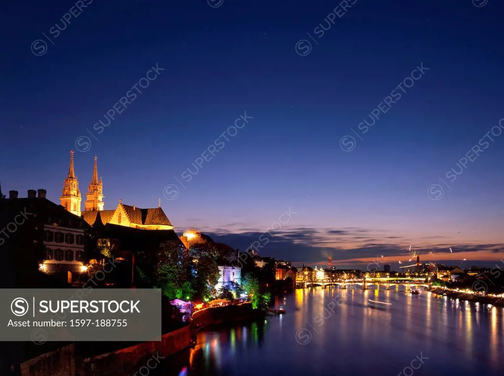 Switzerland, Europe, bridge, fire, river, flow, body of water, waters, water, at night, Rhine, canton, BS, Basel town, Basel, town, city,