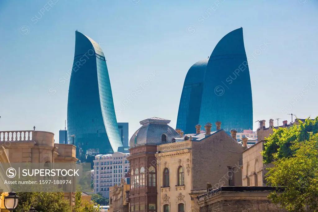 world heritage, Azerbaijan, Caucasus, Eurasia, Baku, City, Flame, Old Baku, architecture, skyline, Flame Towers, towers, travel, unesco