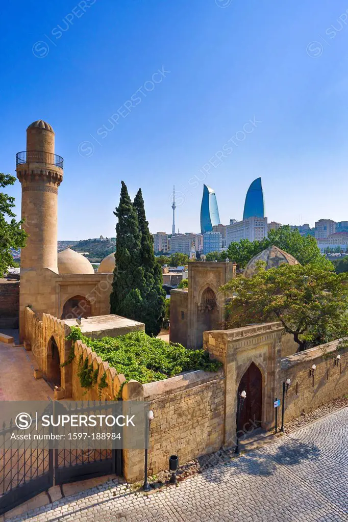 Azerbaijan, Caucasus, Eurasia, Baku, City, world heritage, Flame, Old Baku, Shirvan Shak, Flame Towers, entrance, monument, skyline, towers, unesco