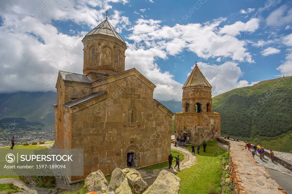 Church, Gergeti, Kazbegui, Trinity, Caucasus, touristic, famous, Georgia, Caucasus, Eurasia, green, mountains, range, skyline, church, religion