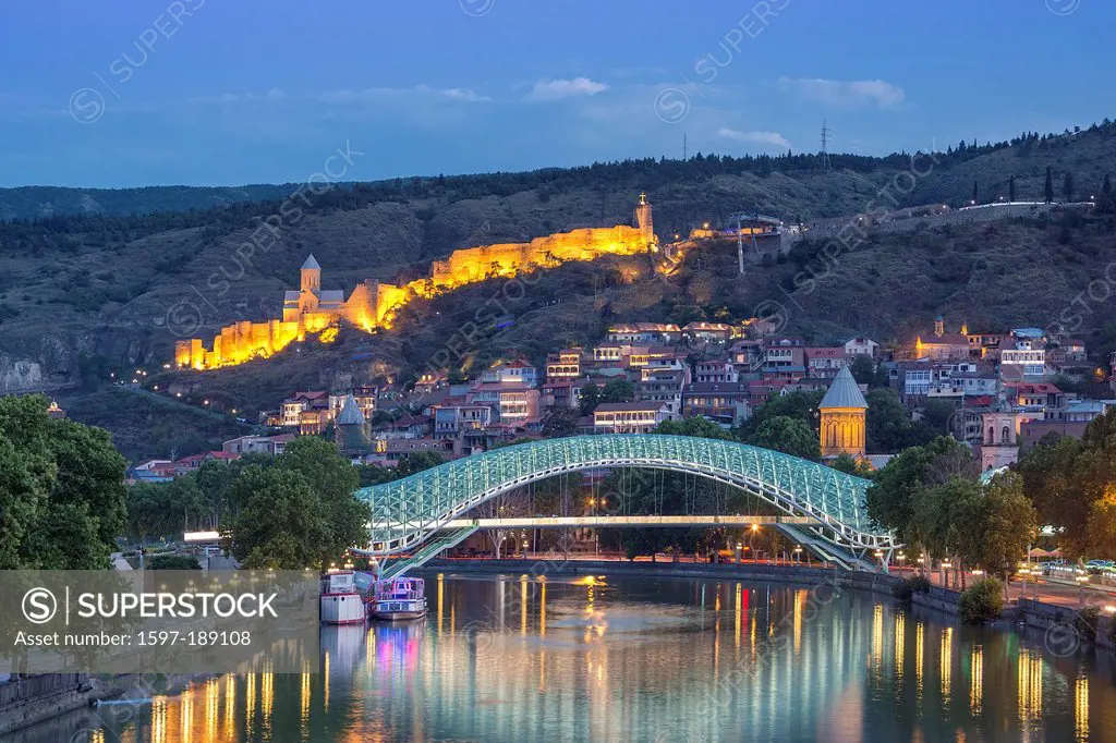 Narikala, Tbilisi, architecture, bridge, castle, city, downtown, Georgia, Caucasus, Eurasia, new, peace bridge, pedestrian, river, skyline, night, lig...