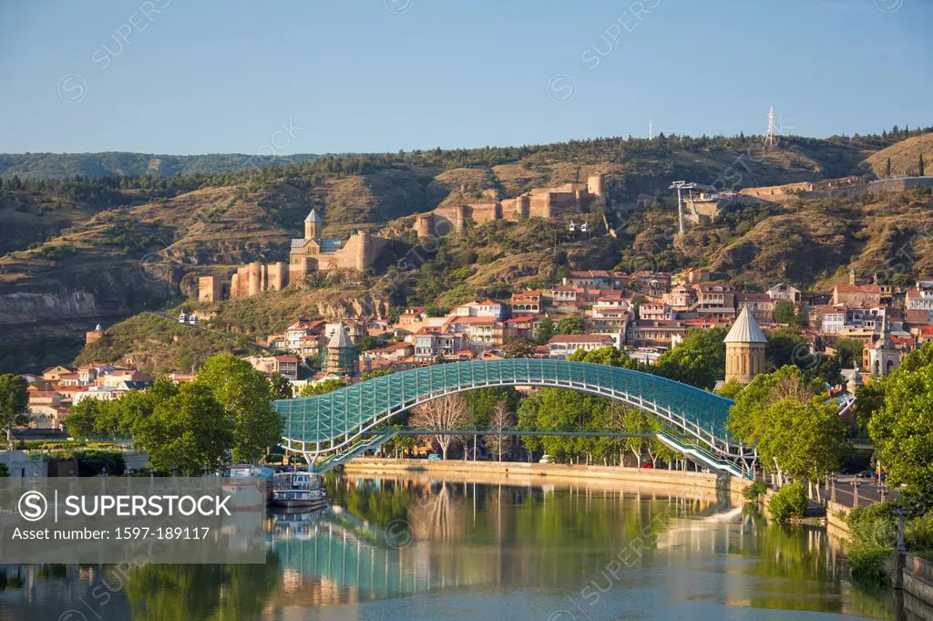 Narikala, Tbilisi, architecture, bridge, castle, city, downtown, Georgia, Caucasus, Eurasia, morning, new, peace bridge, pedestrian, river, skyline, t...