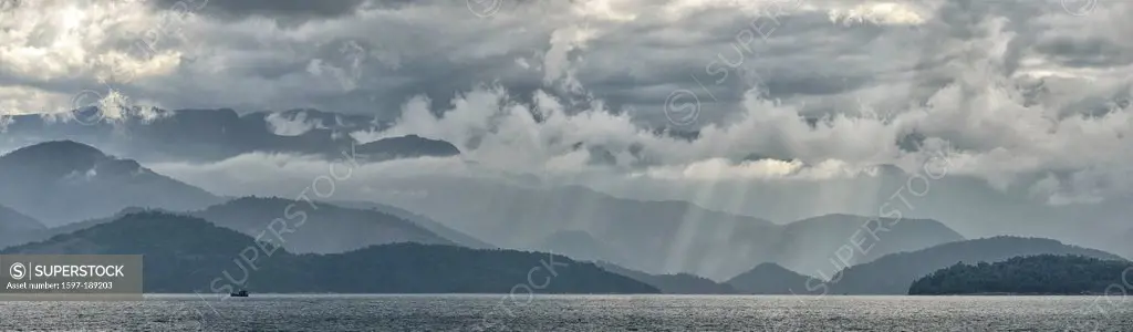 South America, Brazil, Paraty, panorama, sea, mountains, landscape, stormy, cloudy, ship, mood