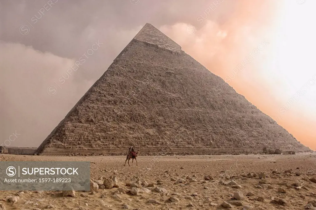 Africa, Egypt, Middle East, Cairo, Gizeh, Giza, pyramid, pyramids, stone, ancient, rider, camel, Arab, stone, desert, storm, archaic, travel, icon, la...