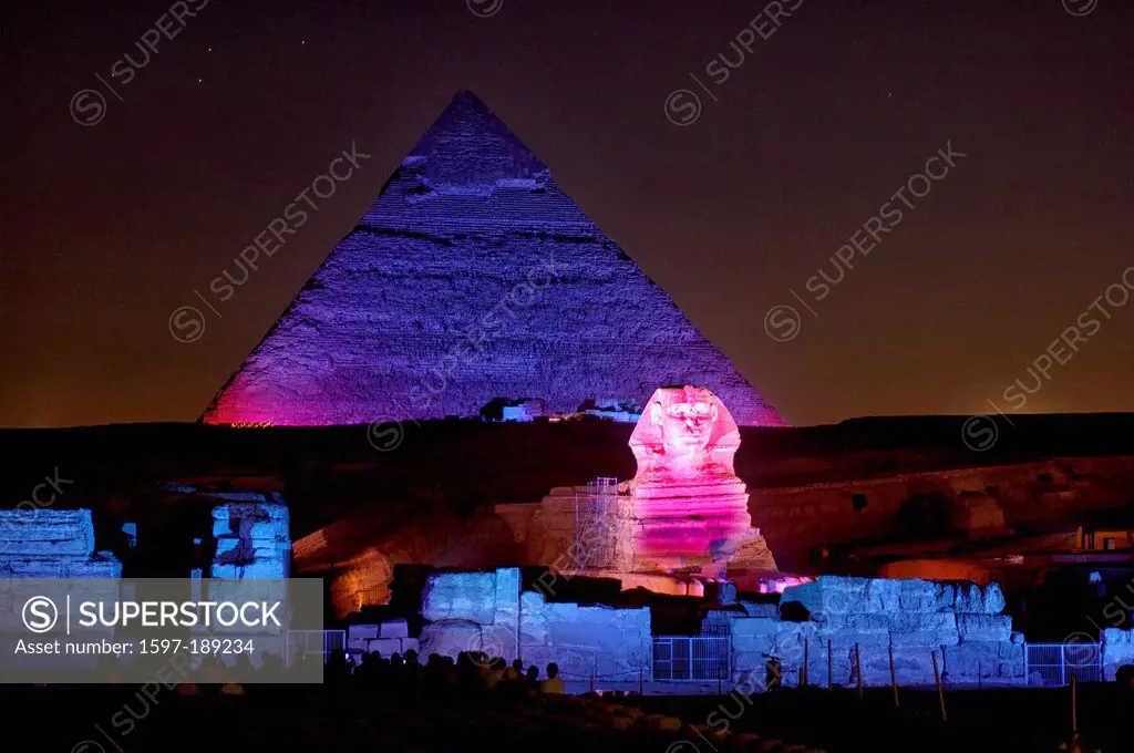 Africa, Middle East, Egypt, Cairo, Gizeh, Giza, Pyramids, Pyramid, ancient, Egyptian, wonder, stone, travel, icon, landmark, night, light, Sphinx