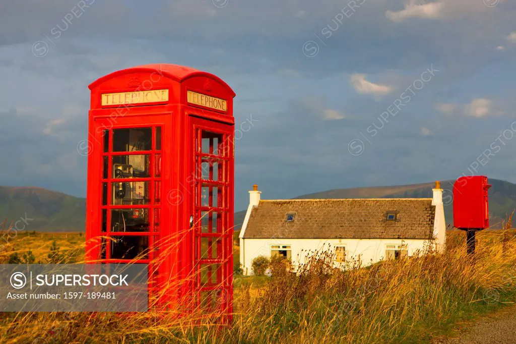 Elishader, Great Britain, Europe, Scotland, island, isle, Skye, village, house, home, phone booth, red,