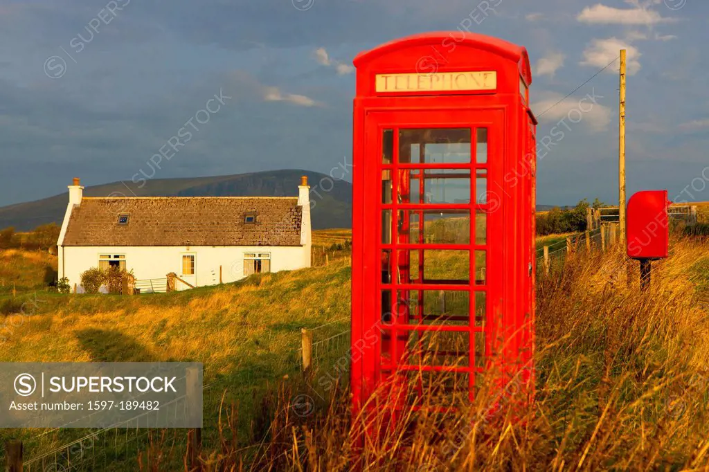 Elishader, Great Britain, Europe, Scotland, island, isle, Skye, village, house, home, phone booth, red,