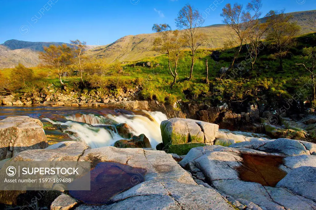 Glen Etive, Great Britain, Europe, Scotland, highland, valley, brook, waterfall, cataract, autumn