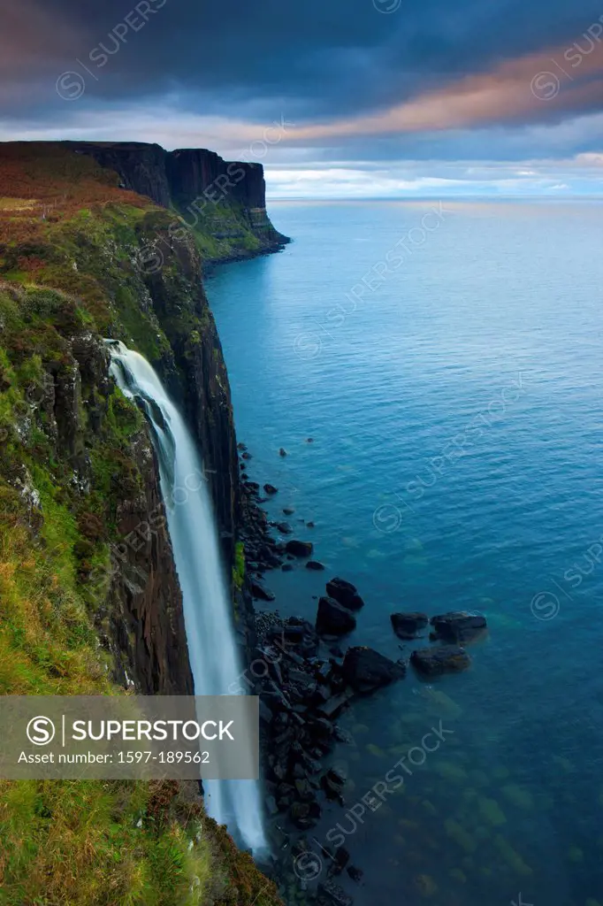 Mealt Falls, Great Britain, Europe, Scotland, island, isle, Skye, sea, coast, rock, cliff, cliffs, brook, waterfall, cataract, evening, mood,