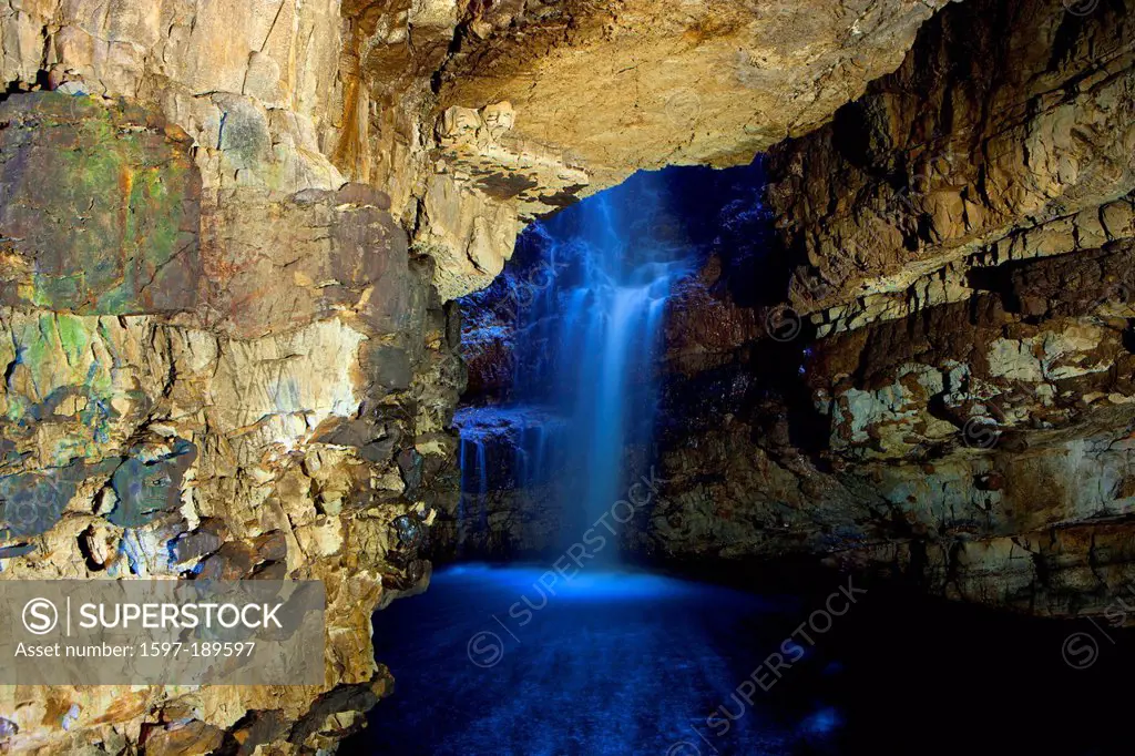Smoo Cave, Great Britain, Europe, Scotland, rock, cliff, cave, waterfall, cataract, lighting, investigation,
