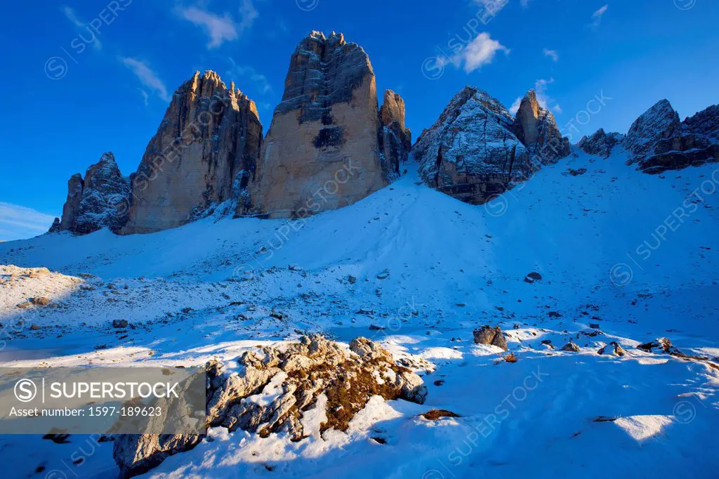 Three peaks, Drei Zinnen, Italy, Europe, Trentino, South Tirol, mountains, Dolomites, autumn, snow