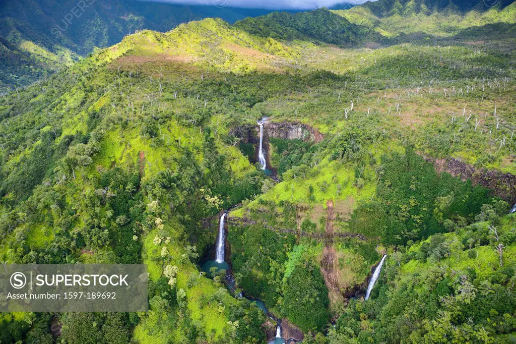 Kahili Falls, Kahili, USA, United States, America, Hawaii, Kauai, inland, waterfalls, rain forest, aerial, view,