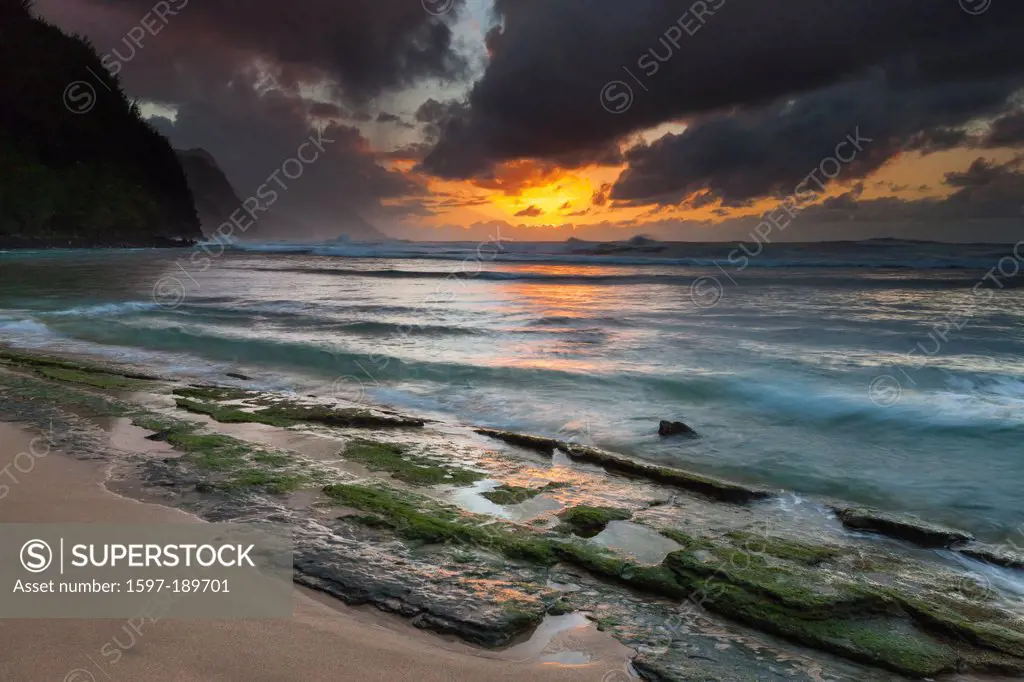Kee Beach, USA, United States, America, Hawaii, Kauai, sea, Pacific, Na Pali, coast, evening, mood,