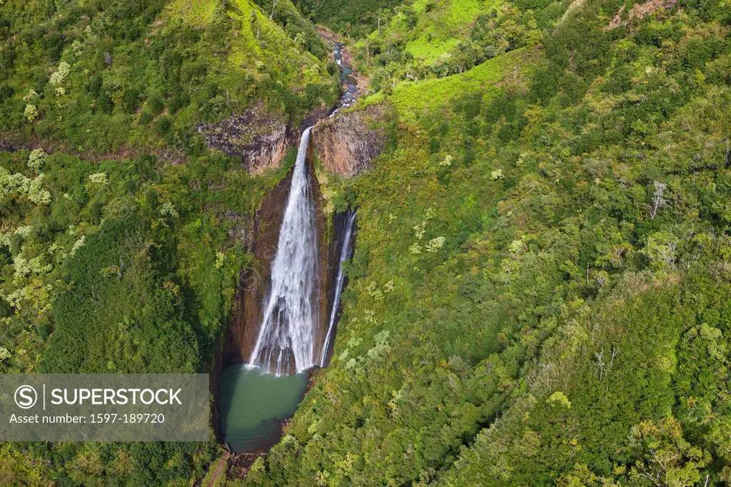 Manawaiopuna Falls, Manawaiopuna, USA, United States, America, Hawaii, Kauai, inland, waterfall, cataract, rain forest, aerial, view,