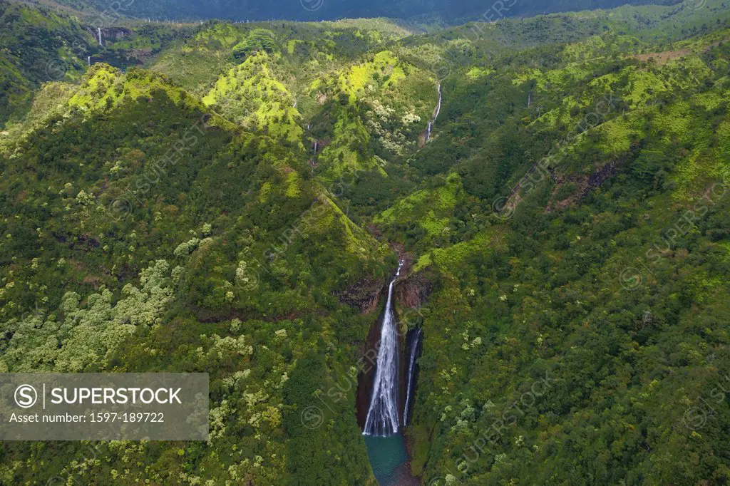 Manawaiopuna Falls, Manawaiopuna, USA, United States, America, Hawaii, Kauai, inland, waterfall, cataract, rain forest, aerial, view,