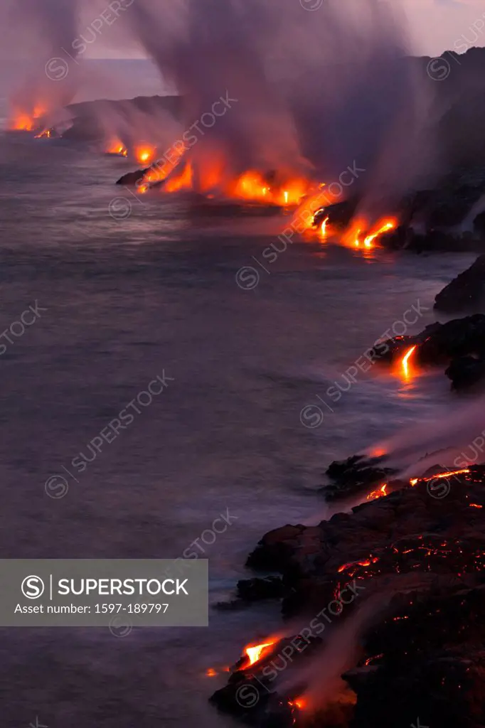 Puu Oo, USA, United States, America, Hawaii, Big Island, Hawaii Volcanoes, National Park, volcano, lava, sea, Pacific, coast, steam, dusk, fire
