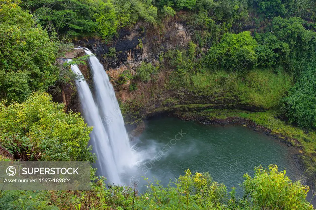 Wailua Falls, USA, United States, America, Hawaii, Kauai, waterfall, cataract, rock, kettle, rain forest
