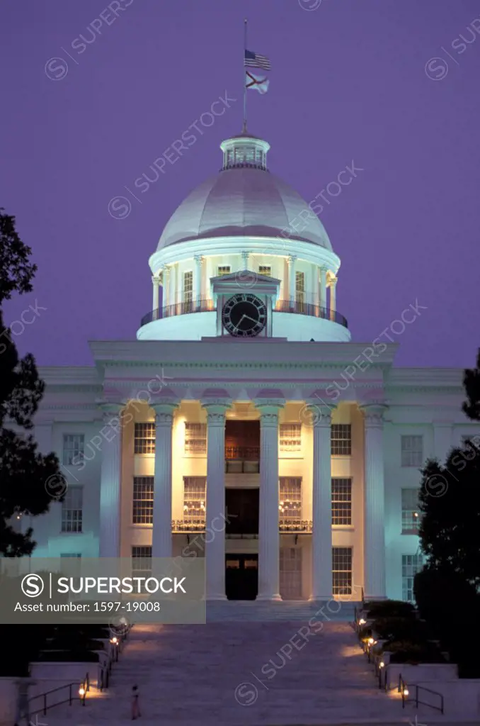 Alabama, America, Color, Colour, Montgomery, State capitol, dusk, United States, North America, USA, America, North