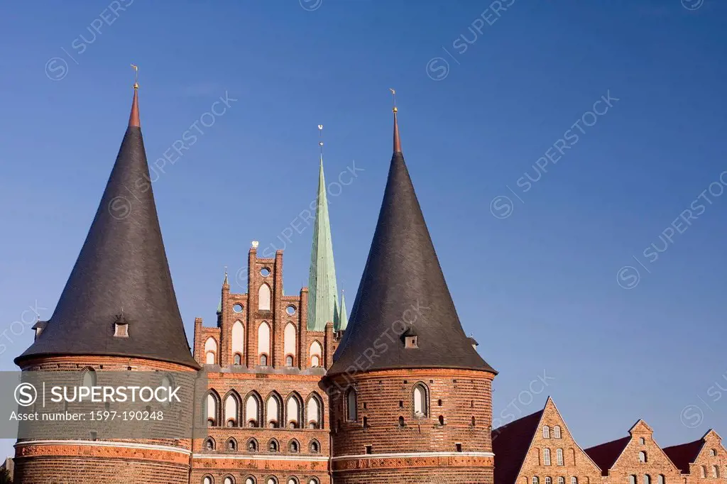 Towers, Holsten, gate, Lübeck, Schleswig-Holstein, Germany, Europe, brick, building, German, outside, Gothic, nobody, North German, landmark, place of...