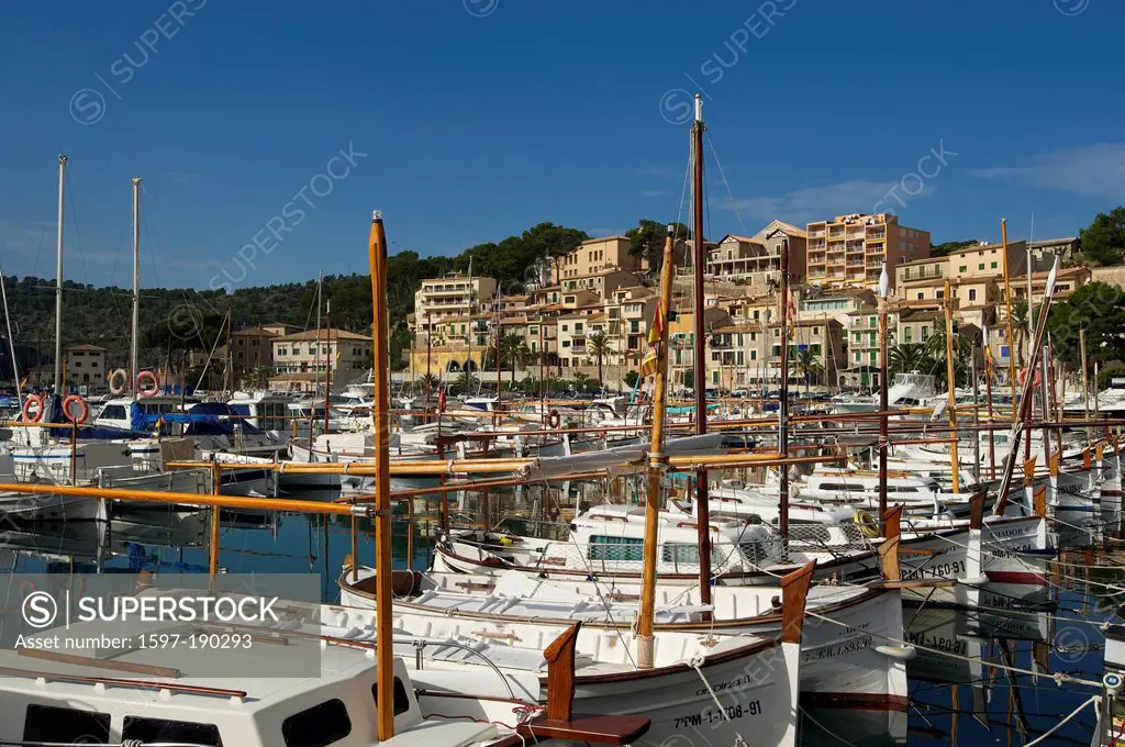 Balearic Islands, Majorca, Spain, Europe, port de Soller, fishing harbour, fishing boats, boats, harbour, port, Traditional, view, outside, nobody,