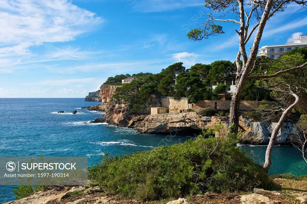 Balearic Islands, Majorca, Spain, Europe, Cala Santanyi, coast, scenery, landscape, bay, Mediterranean Sea, sea, cliff coast, outside, nobody,