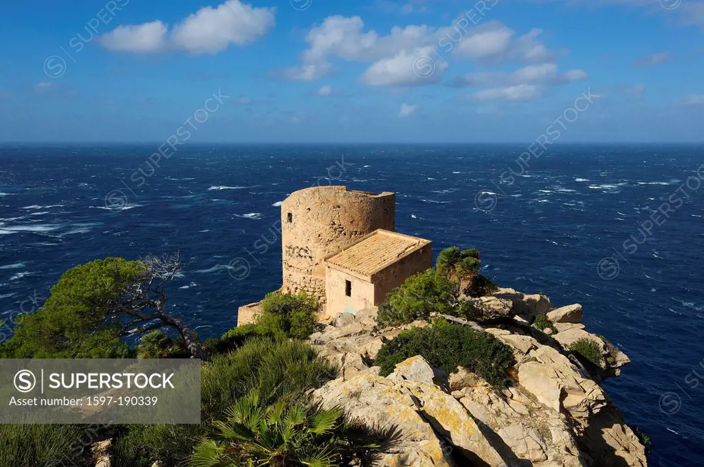 Balearic Islands, Majorca, Spain, Europe, Torre Cala d'en basset, Sant Elm, military tower, tower, coast, scenery, landscape, building, architecture, ...