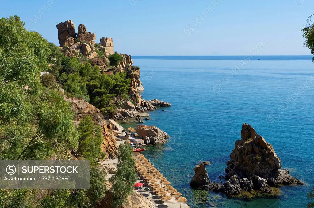 Italy, Sicily, South Italy, Europe, island, Caldura Beach, Cefalu, beach, seashore, coast, cliff coast, Mediterranean Sea, sea, outside, day, nobody,