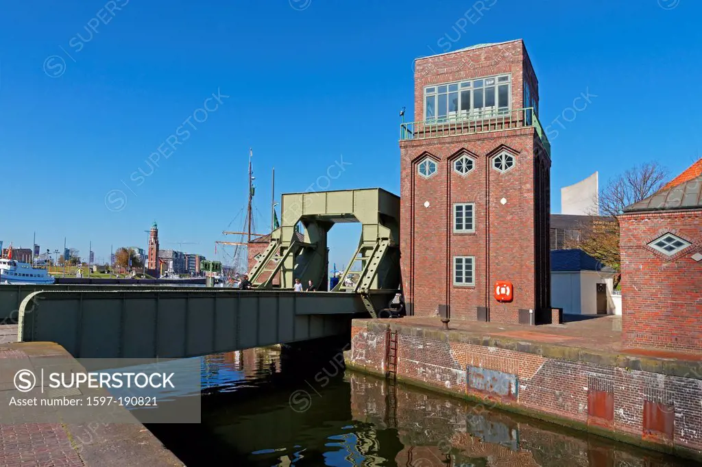 Europe, Germany, Bremen, Bremerhaven, Hermann-Heinrich-Meier-Strasse, H.-H.-Meier-Strasse, old harbour, port, railroad, drawbridge, architecture, buil...