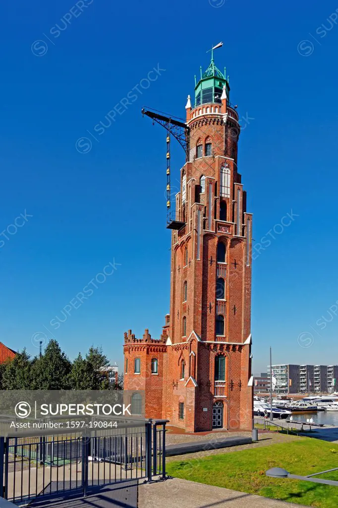 Europe, Germany, Bremen, Bremerhaven, Lohmannstrasse, Bremerhaven Oberfeuer, Loschen, tower, lighthouse, new harbour, port, architecture, building, co...