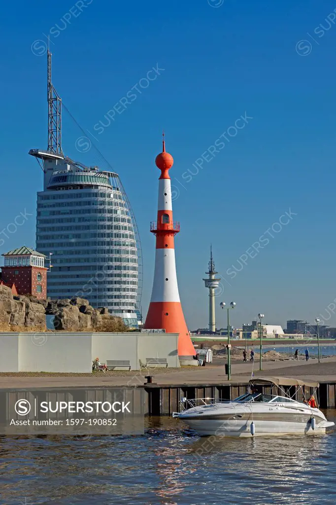 Europe, Germany, Bremen, Bremerhaven, Lohmannstrasse, Atlantic hotel, Sail city, beacon, Bremerhaven Unterfeuer, telecom tower, architecture, boats, v...