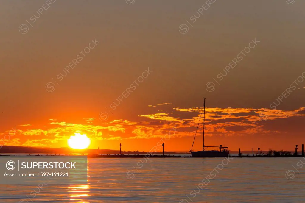 Austria, Vorarlberg, landscapes, Rheinholz, Rhine delta, Sunset, Bodensee, water, sailing boat, sun