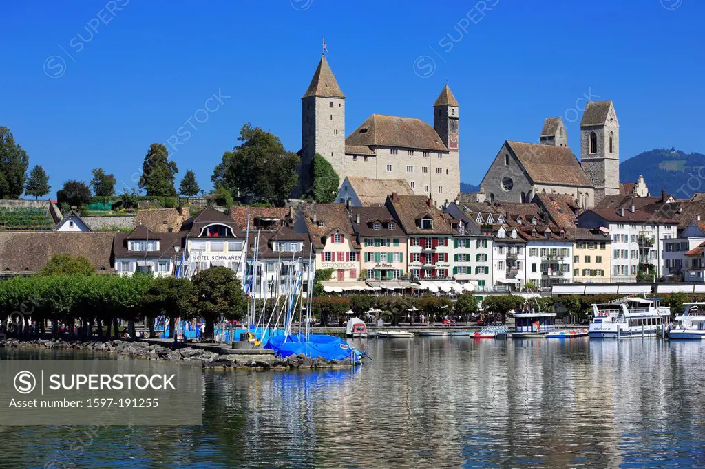 Rapperswil, reflection, castle, Swiss, town, city, lake, sunshine, reflection, Switzerland, Europe, canton, St. Gallen, town, city, footbridge, touris...