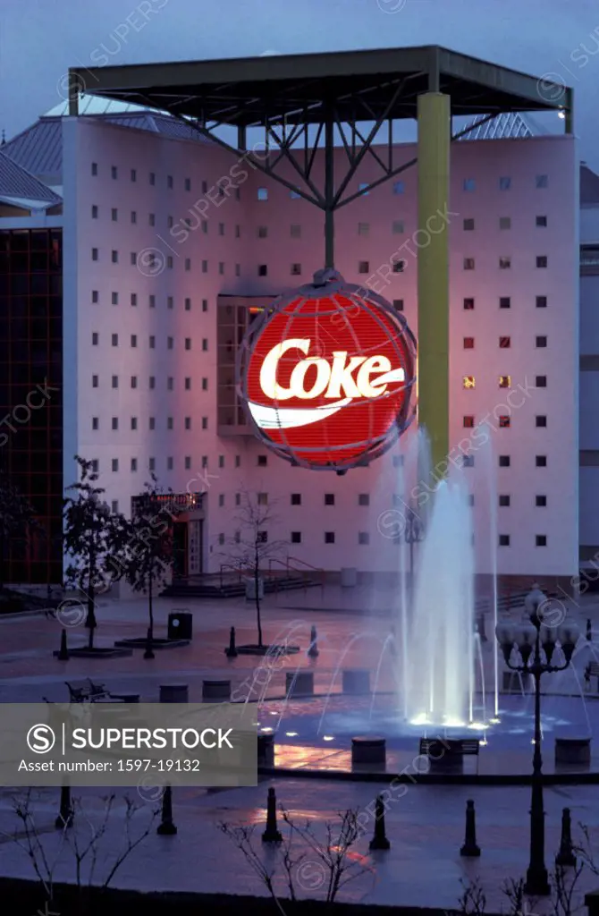 America, Atlanta, Georgia, United States, USA, America, North America, Vertical, World of coca cola building, dusk