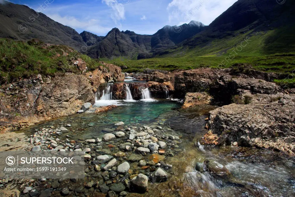brook, creek, stream course, mountain, mountains, Cuillin Hills, Cuillin Mountains, Cuillins, mountains, water, Great Britain, Europe, Highland, casca...