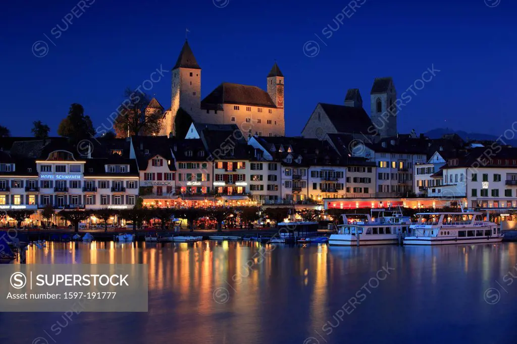 Evening, blue hour, lesson, dusk, twilight, church, light, night, Rapperswil, Reflection, castle, castle Rapperswil, Switzerland, Europe, Swiss town, ...