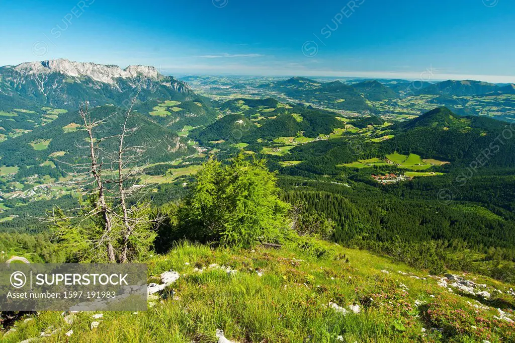 Bavaria, Germany, Upper Bavaria, Berchtesgaden country, Berchtesgaden, Kehlstein, house, summit, peak, Untersberg, sky, blue sky, Alps, mountains, cli...