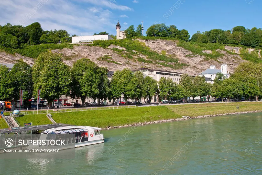 Austria, Austria, Salzburg, Salzach, river, flow, water, mountain, town, city, Old Town, Mönchsberg, museum, modern, boat,