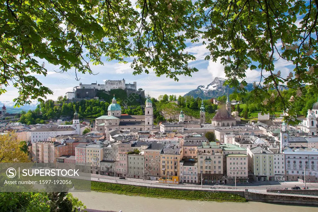 Austria, Austria, Salzburg, town, city, Neustadt, Mönchsberg, church, religion, faith, Franciscan, tower, towers, Salzach, river, flow, water, town, c...