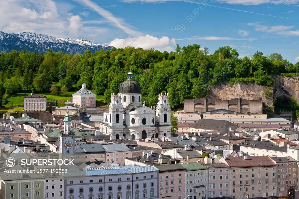 Austria, Austria, Salzburg, cathedral, dome, chapter place, Kapuzinerberg, church, religion, faith, tower, towers, Salzach, river, flow, water, mounta...